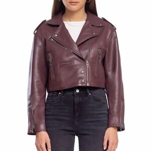 NWOT Blank NYC Deep Burgundy Faux Leather Moto Jacket Boxy Oversized Cropped